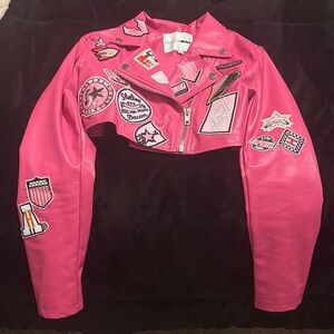 Pink Faux Leather Jacket with Patches
